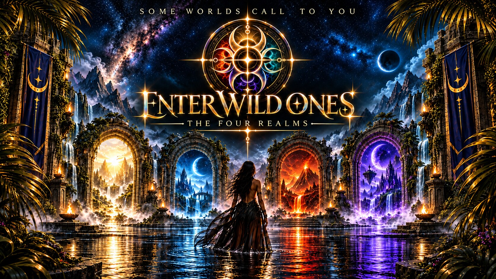 Enter Wild Ones - The Four Realms. A figure faces four illuminated portals representing Light, Balance, Fire and Night.